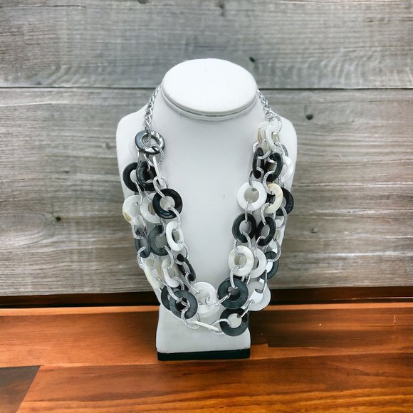 Triple Layer Boutique Gray and White Circular Silver-tone Necklace 24" - Picture 1 of 5